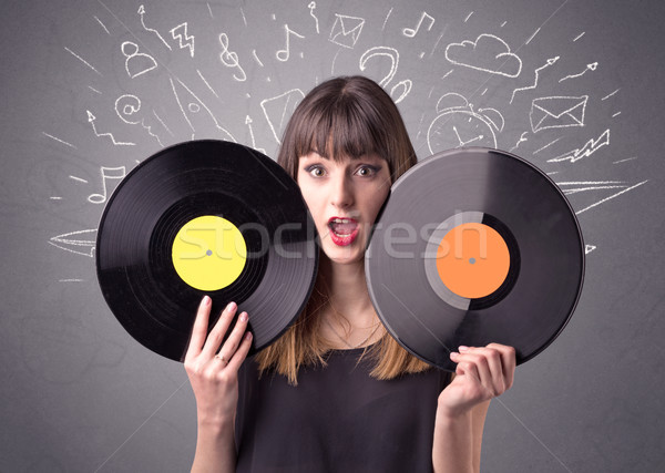 ストックフォト: 女性 · ビニール · レコード · 小さな · グレー