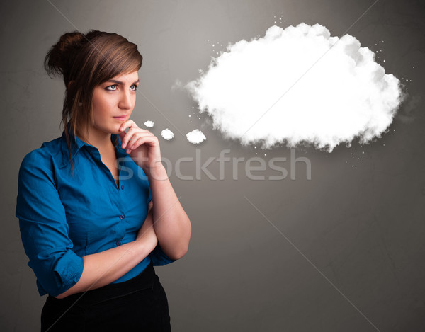 Csinos fiatal hölgy gondolkodik felhő beszéd Stock fotó © ra2studio