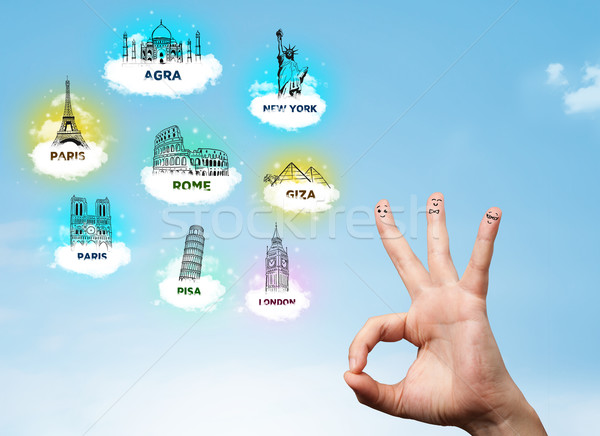 Cheerful finger smileys with sightseeing landmarks icons Stock photo © ra2studio