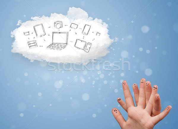 Boldog derűs emotikon ujjak néz felhő alapú technológia Stock fotó © ra2studio