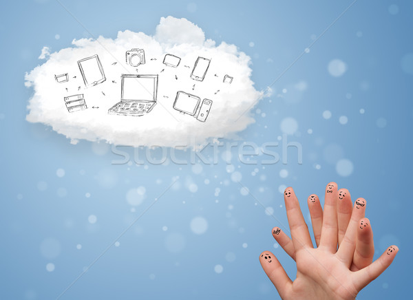 Happy cheerful smiley fingers looking at cloud computing with technology icons Stock photo © ra2studio