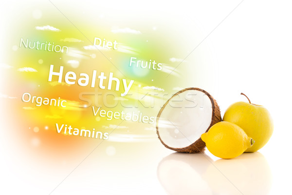 Colorful juicy fruits with healthy text and signs  Stock photo © ra2studio