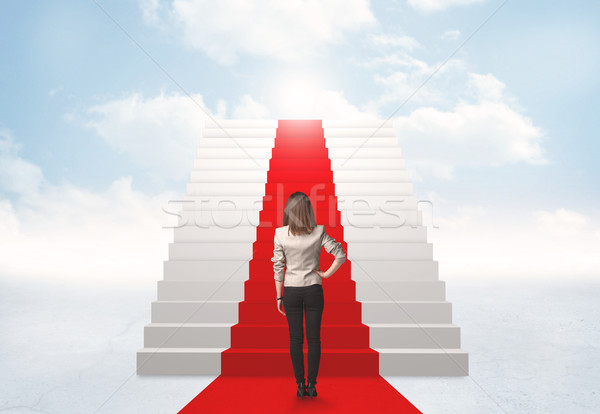 Patrząc schody nieba kobieta interesu działalności dziewczyna Zdjęcia stock © ra2studio