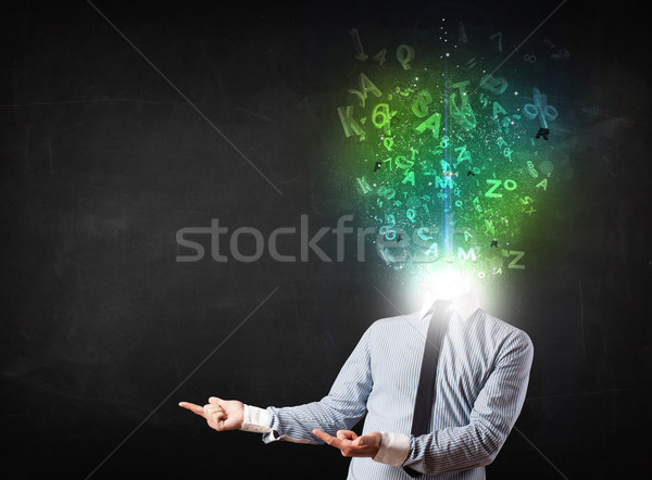Business man with abstract glowing letters on head Stock photo © ra2studio