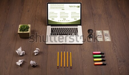 Business table with notebook computer and office accessories Stock photo © ra2studio