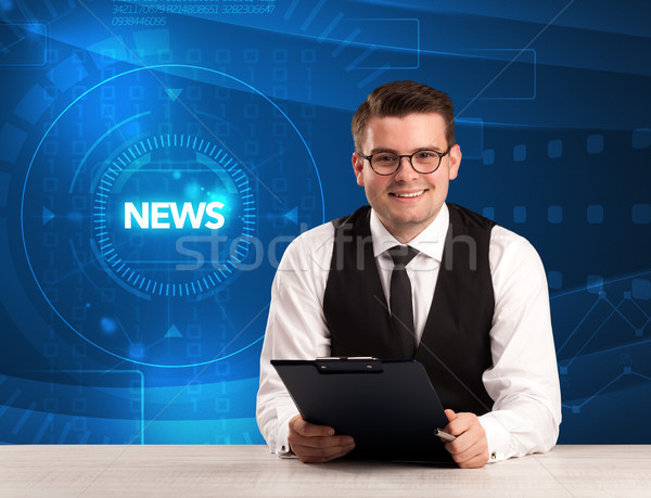 Stockfoto: Moderne · nieuws · televisie · gelukkig · achtergrond · microfoon