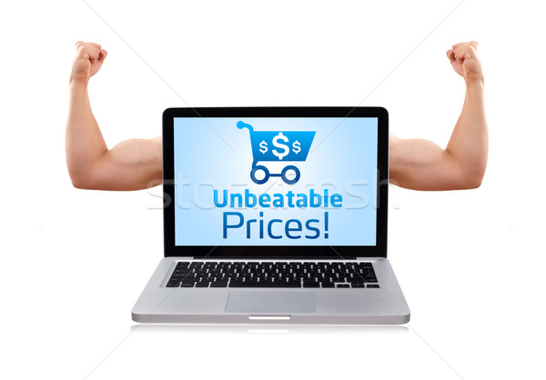 Foto stock: Laptop · preços · carrinho · de · compras · assinar · isolado · moderno