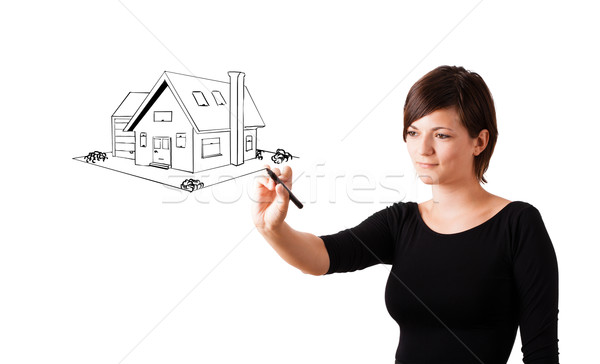 [[stock_photo]]: Jeune · femme · dessin · maison · isolé · blanche