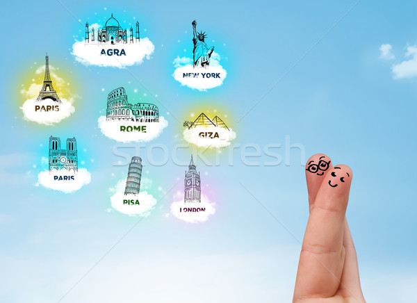 Cheerful finger smileys with sightseeing landmarks icons Stock photo © ra2studio