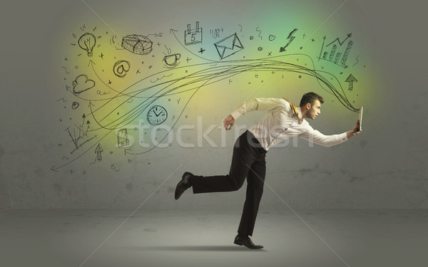 Business man in a rush with doodle media icons Stock photo © ra2studio