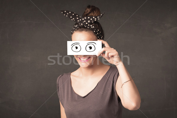 Funny woman looking with hand drawn paper eyes Stock photo © ra2studio