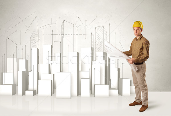 Stock photo: Construction worker planing with 3d buildings in background 