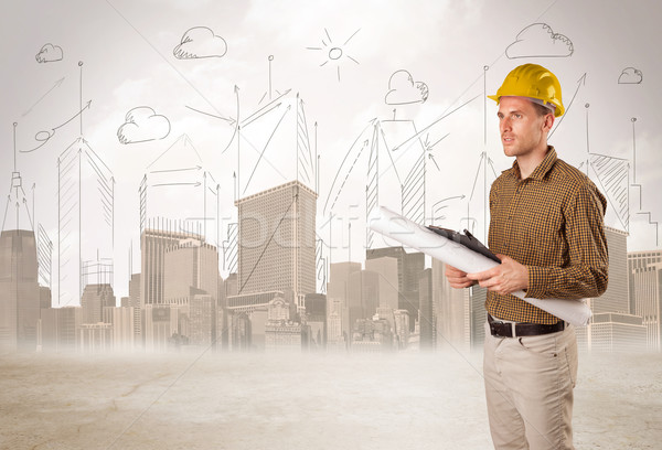 Business engineer planing at construction site with city backgro Stock photo © ra2studio