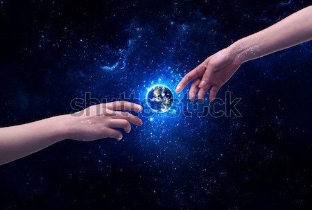 [[stock_photo]]: Mains · espace · toucher · planète · terre · Homme · dieu