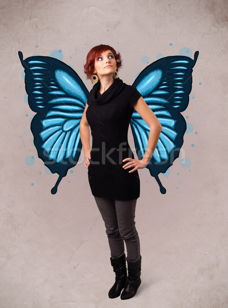Junge Mädchen Schmetterling blau Illustration zurück cute Stock foto © ra2studio