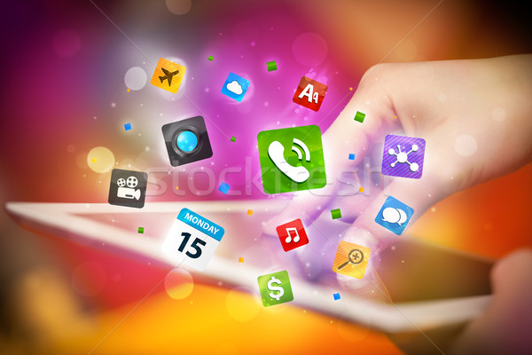 Hand touching tablet pc, social network concept Stock photo © ra2studio