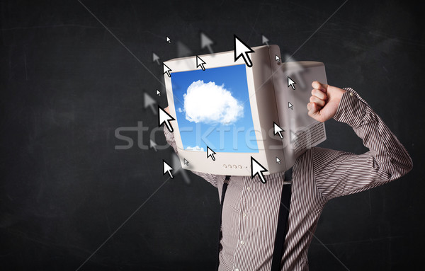 Business man with a monitor on his head, cloud system and pointe Stock photo © ra2studio