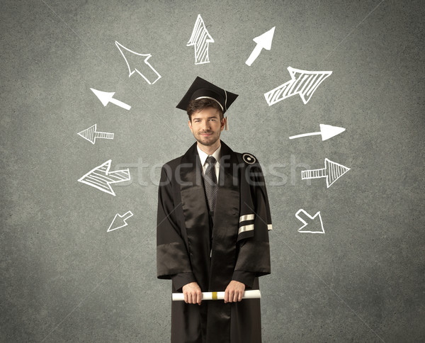 Jonge afgestudeerde student pijlen muur Stockfoto © ra2studio