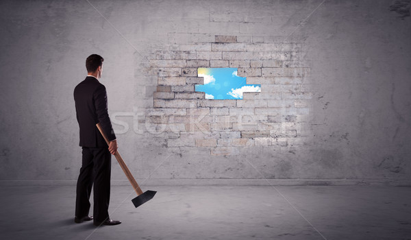 Business man hitting brick wall with hammer Stock photo © ra2studio