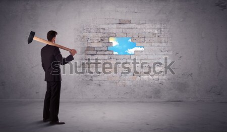 Business man hitting brick wall with hammer Stock photo © ra2studio