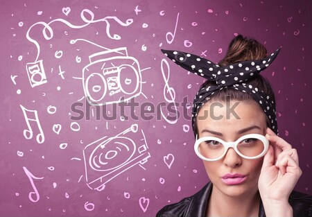 Happy funny woman with shades and hand drawn media icons Stock photo © ra2studio