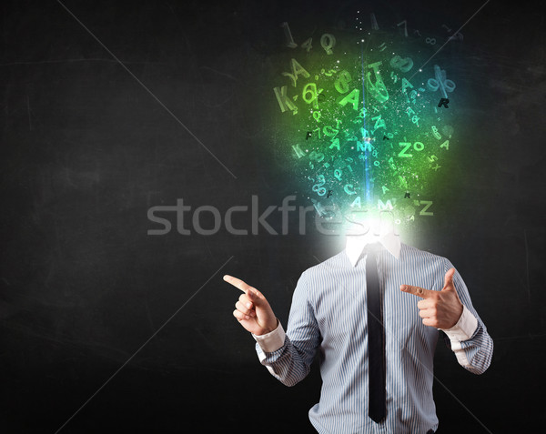 Business man with abstract glowing letters on head Stock photo © ra2studio