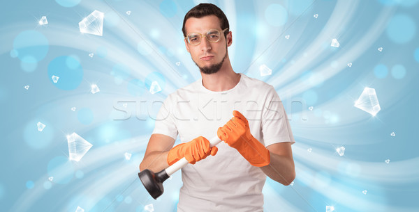 Blue diamond graphic and cleaning boy Stock photo © ra2studio