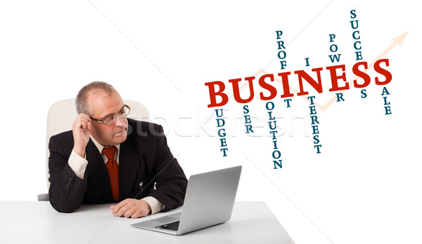 bisinessman sitting at desk and looking laptop with business word cloud, isolated on white Stock photo © ra2studio