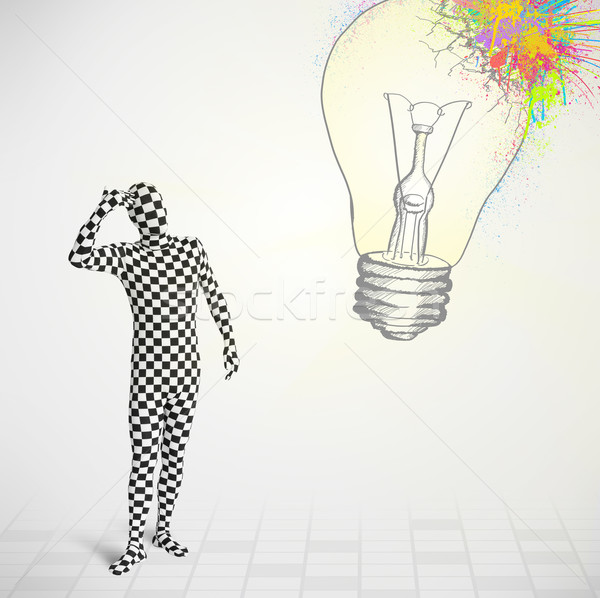 3d human character is body suit morphsuit looking at abstract colorful lightbulb Stock photo © ra2studio