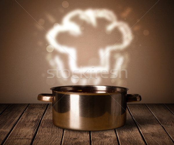 Szakács sapka fölött lábas ki fa asztal étterem Stock fotó © ra2studio