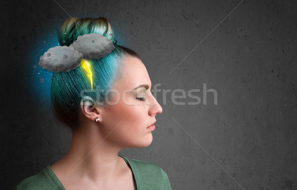 Jong meisje onweersbui bliksem hoofdpijn illustratie business Stockfoto © ra2studio