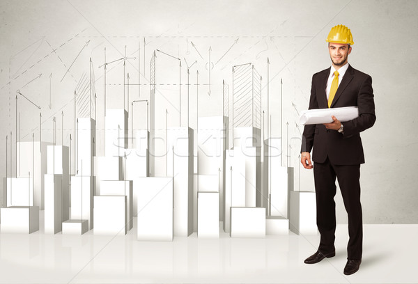 Construction worker planing with 3d buildings in background  Stock photo © ra2studio