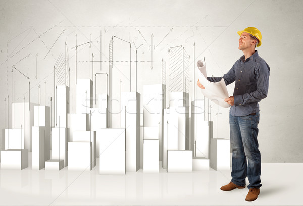 Construction worker planing with 3d buildings in background  Stock photo © ra2studio