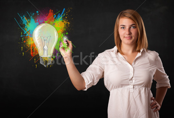 Jungen Dame Zeichnung farbenreich Glühlampe Spritzer Stock foto © ra2studio