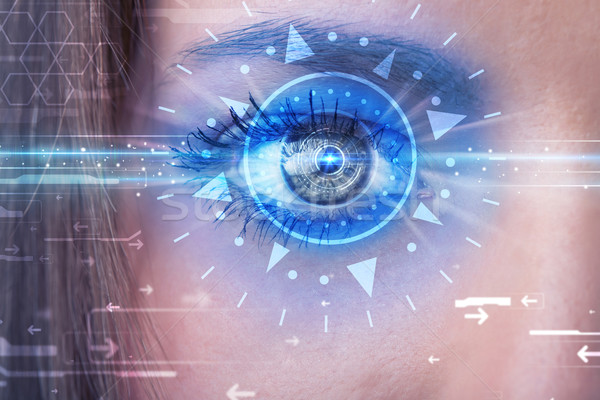 Cyber girl with technolgy eye looking into blue iris Stock photo © ra2studio