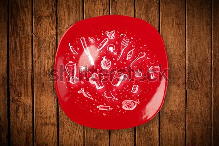 Colorful plate with hand drawn icons, symbols, vegetables and fruits on grungy background Stock photo © ra2studio