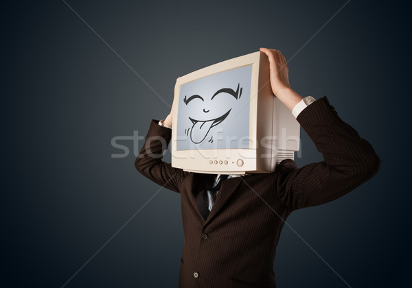 Boldog üzletember számítógépmonitor mosolygós arc képernyő mosoly Stock fotó © ra2studio