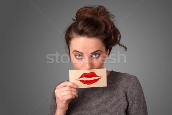 Glücklich hübsche Frau halten Karte kiss Lippenstift Stock foto © ra2studio