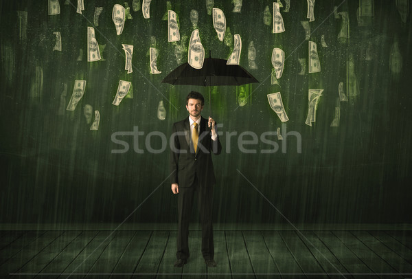 Stock photo: Businessman standing with umbrella in dollar bill rain concept
