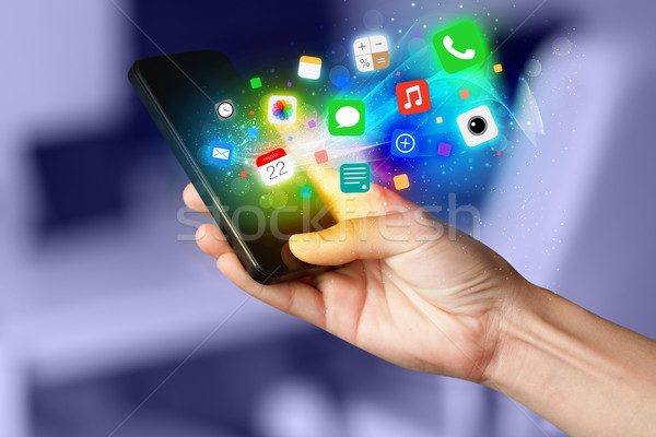 Stockfoto: Hand · smartphone · kleurrijk · app · iconen