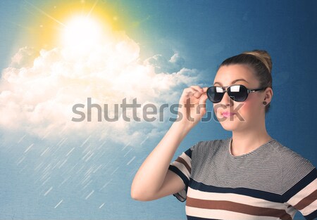 Happy joyful woman with sunglasses looking at summer icons  Stock photo © ra2studio