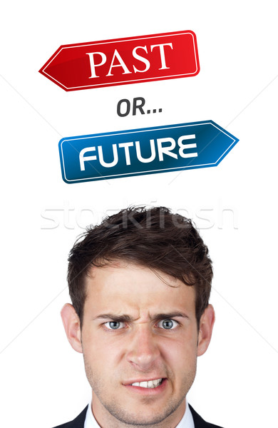 Young head looking at positive negative signs Stock photo © ra2studio