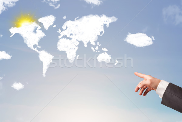 Stockfoto: Hand · wijzend · wereld · wolken · zon · blauwe · hemel