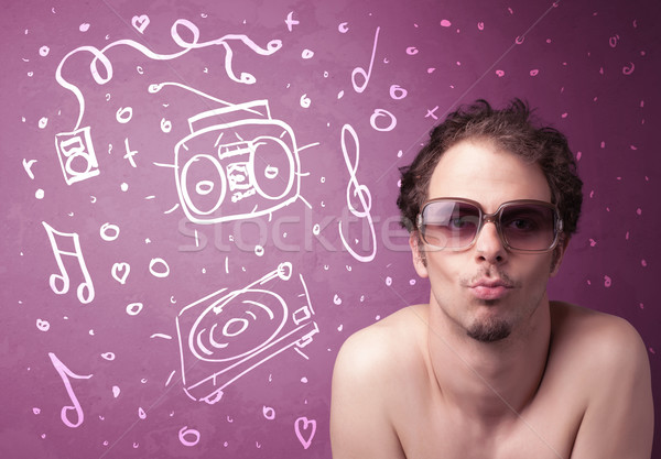 Happy funny guy with shades and hand drawn media icons Stock photo © ra2studio