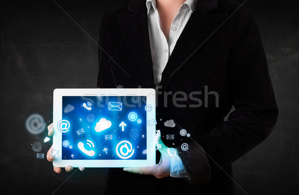 Persona tableta azul tecnología iconos Foto stock © ra2studio
