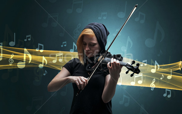 Foto stock: Músico · jogar · violino · notas · em · torno · de · jovem