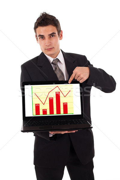 Foto stock: Hombre · de · negocios · senalando · ordenador · portátil · diagrama · aislado · blanco