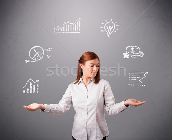 beautiful young woman juggling with statistics and graphs Stock photo © ra2studio