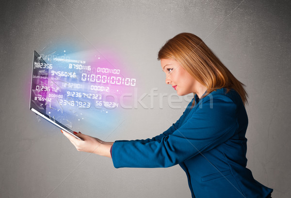 Frau halten Laptop Daten anziehend Stock foto © ra2studio