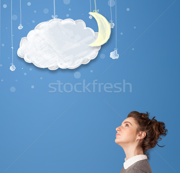 Genç kız bakıyor karikatür gece bulutlar ay Stok fotoğraf © ra2studio